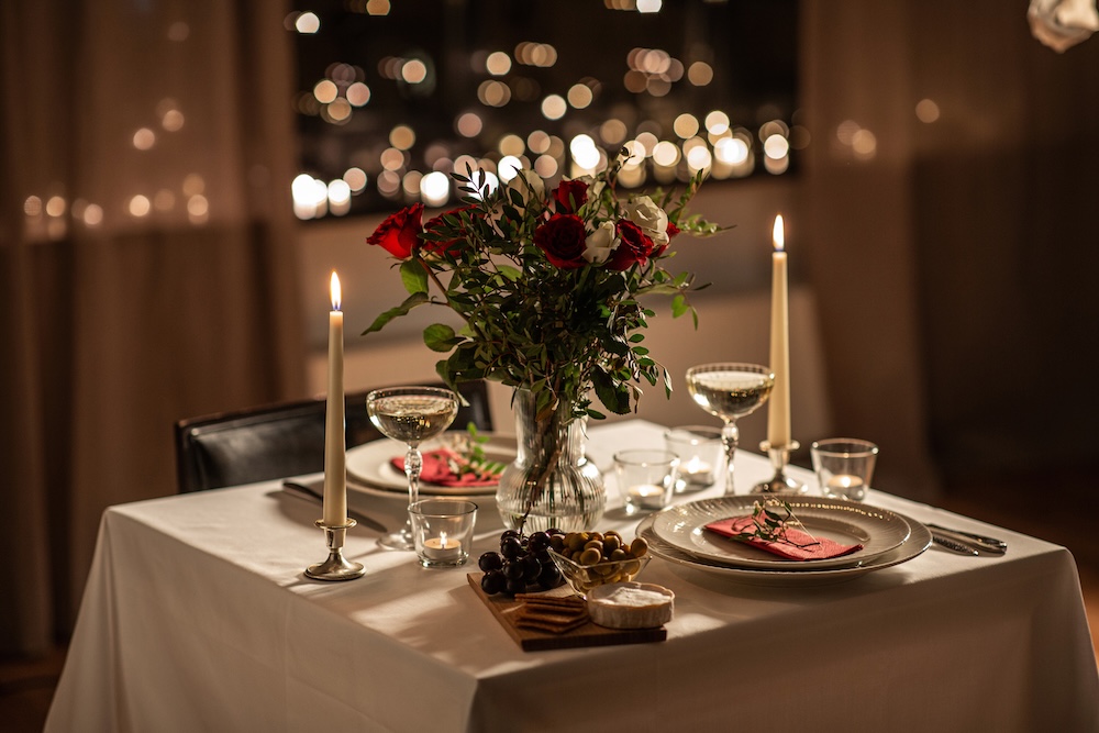 A table set at a romantic restaurant for Valentine's Day. 